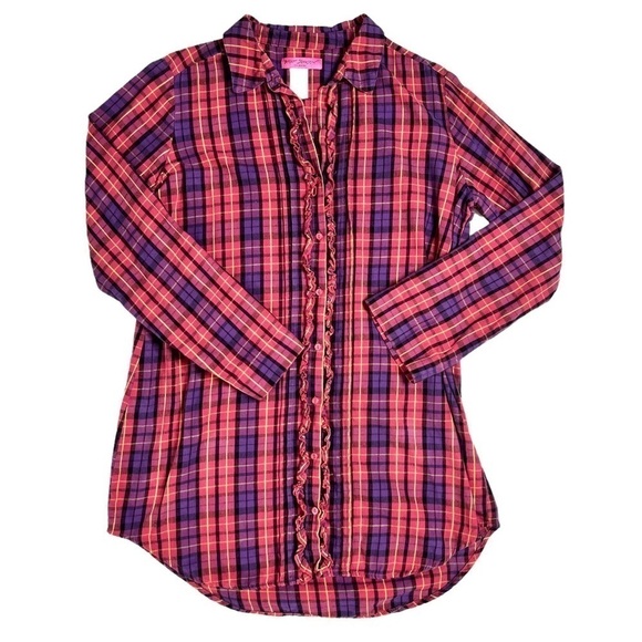 Betsey Johnson Intimates Vintage Y2K Pink Purple Plaid Tunic Sleep Shirt Medium - Picture 8 of 11